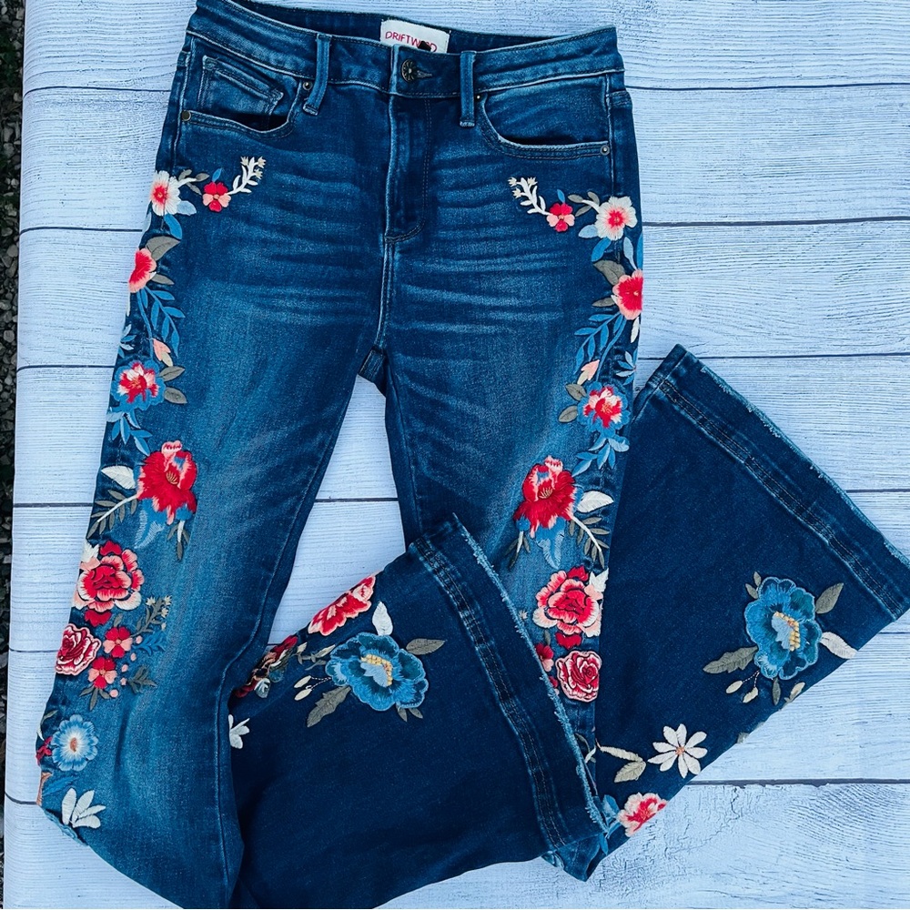 Free People DRIFTWOOD Farrah Flare Jeans with Floral Embroidery
